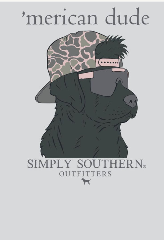 Illustration of a black dog wearing sunglasses and a camo hat, labeled "Dude Whitewater TShirt" above and "Simply Southern outfitters" below, with a small pig logo.