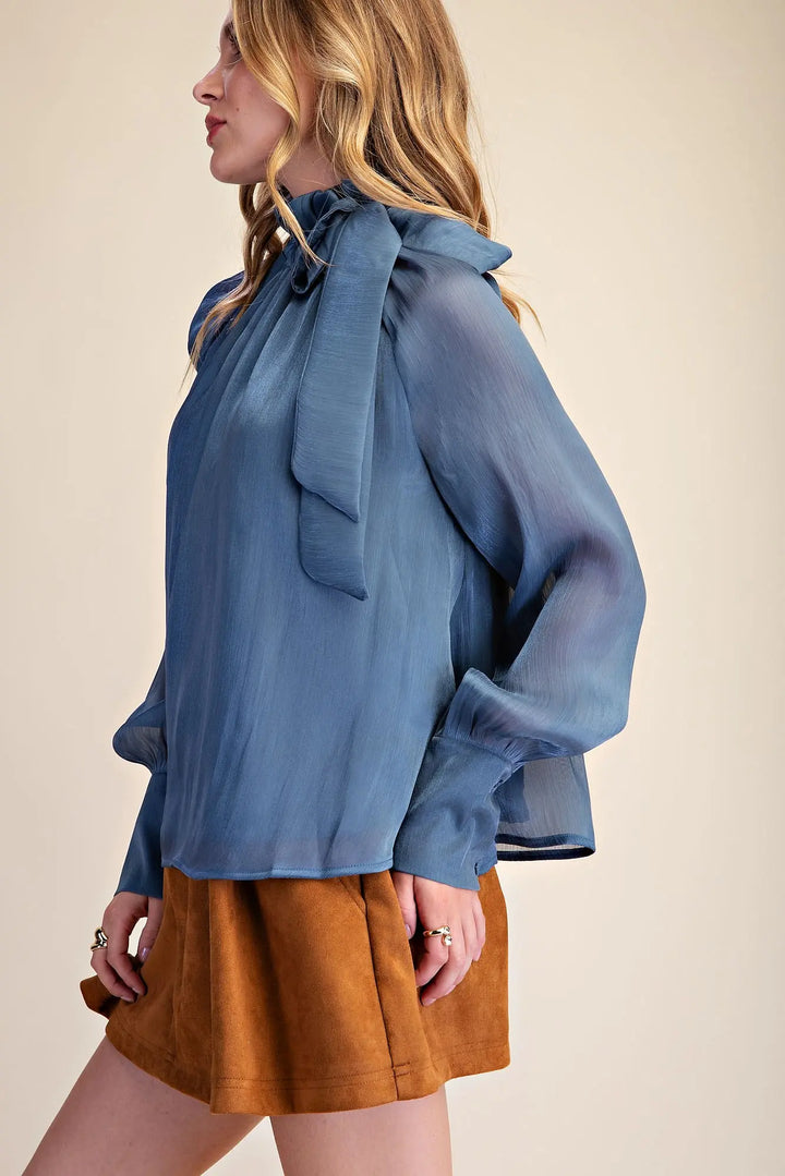 Ruffle Neck Adjustable Tie Long Sleeve Blouse in sheer blue chiffon; available in sizes XS–XL.