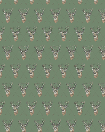 Men’s Bow Hunting Performance Polo with deer head pattern on green grid. Available sizes: S-XXL.
