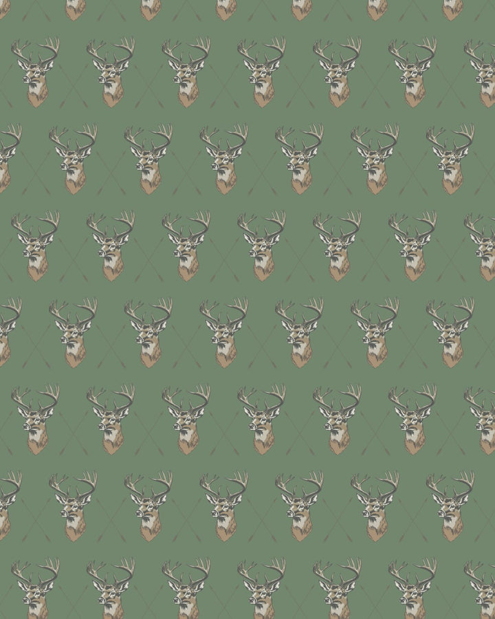 Men’s Bow Hunting Performance Polo with deer head pattern on green grid. Available sizes: S-XXL.