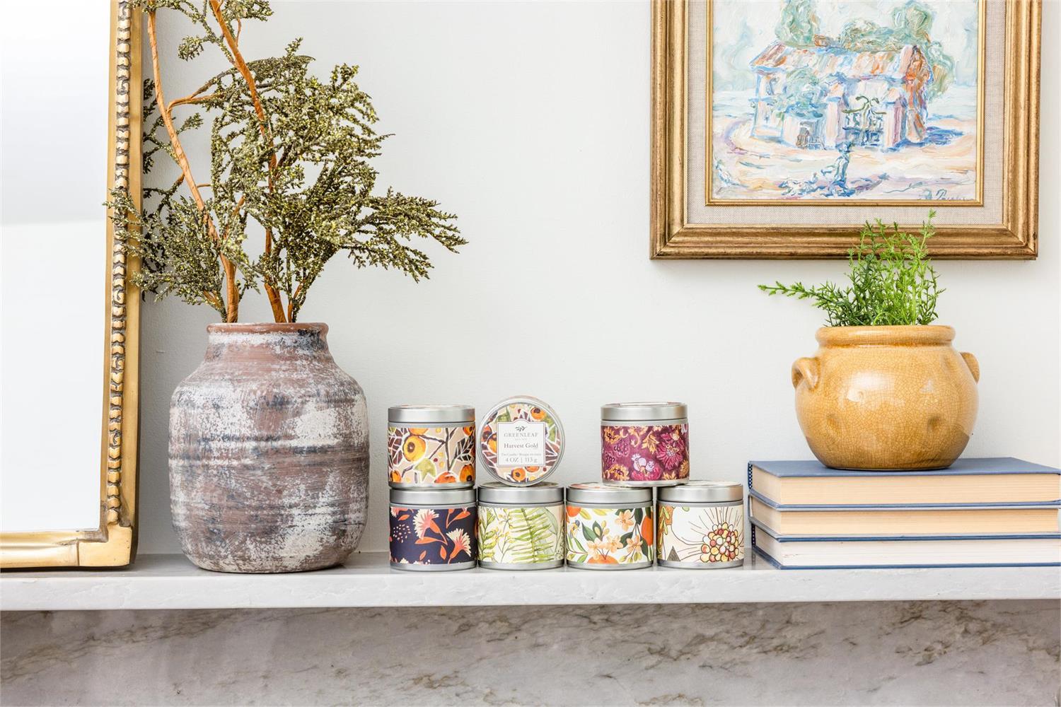 Hope Tin Candle, colorful design, available in 6oz and 12oz sizes.