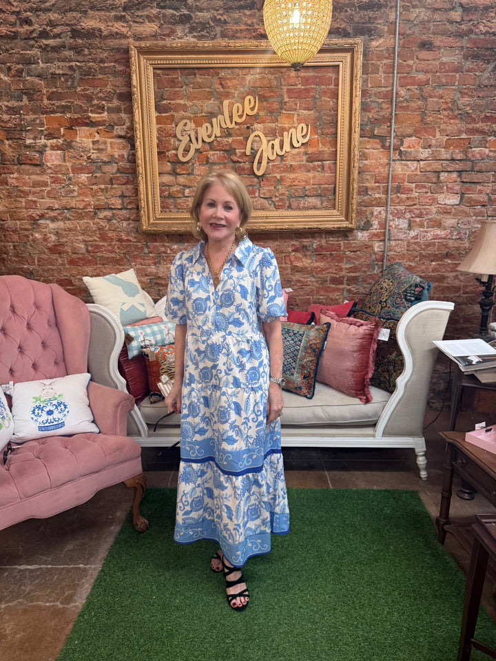Eloise Porcelain Vines Blue Dress, available in sizes XS–XL; features blue vine print and classic silhouette.