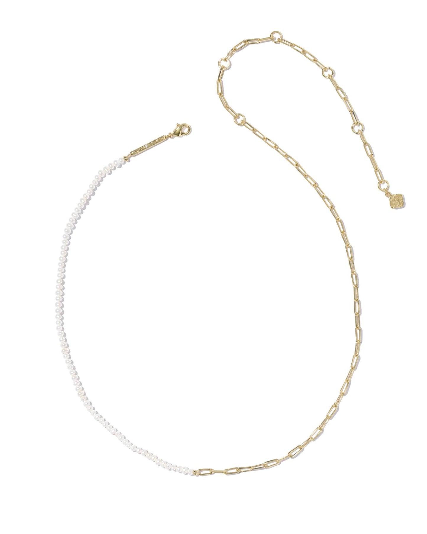 Gold necklace with one side of freshwater pearls, one side gold links, finished with small gold charm. Available in 16" and 18".