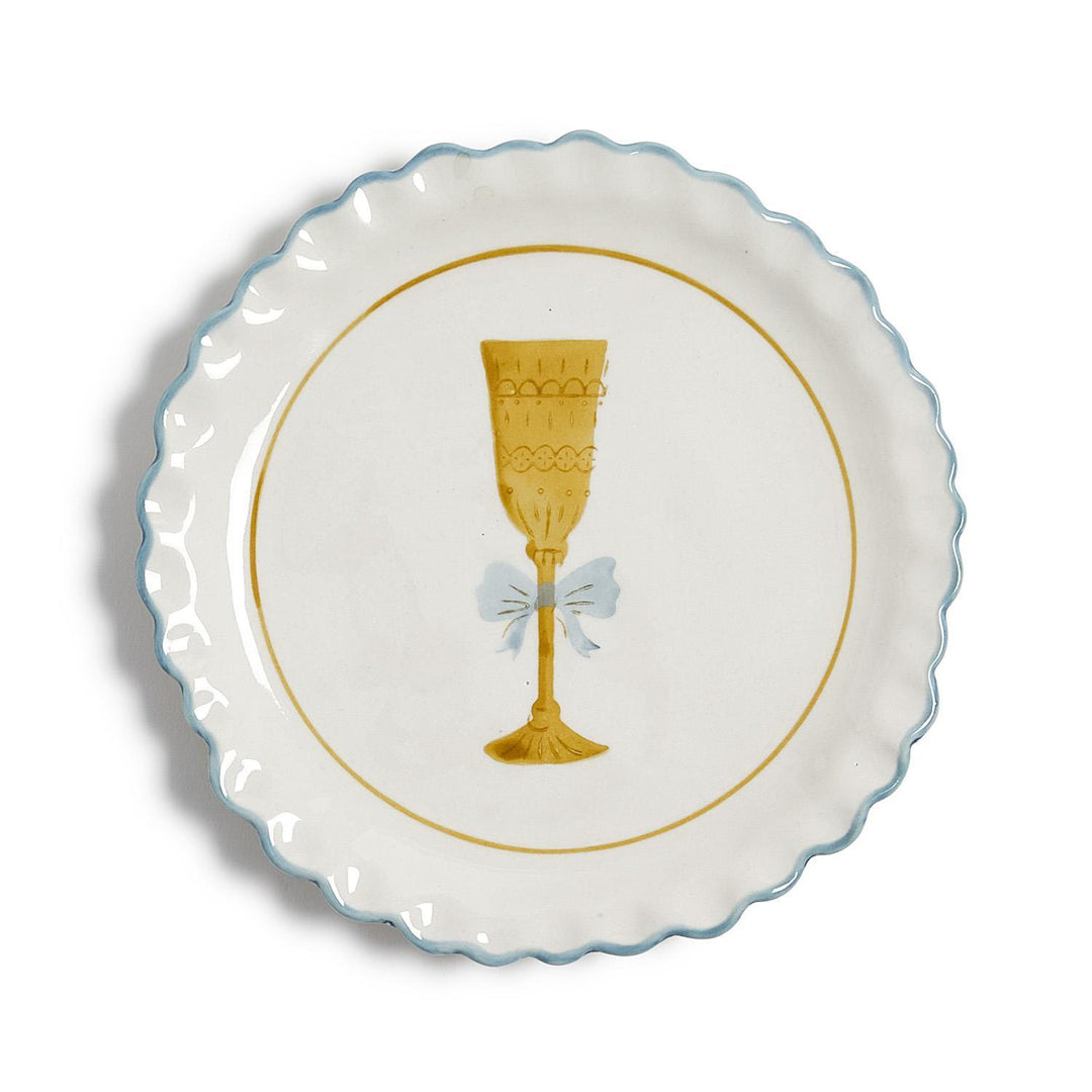 Cheers Tidbit Plate, vintage scalloped edge, gold goblet, light blue bow.