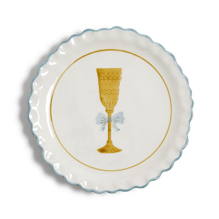 Cheers Tidbit Plate, vintage scalloped edge, gold goblet, light blue bow.