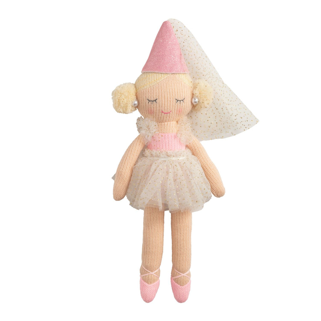 Princess Knit Doll with pink hat, tutu, ballet shoes, blonde pigtails, sparkly tulle dress, closed eyes, and cream veil. Available in 12″ and 18″ sizes.
