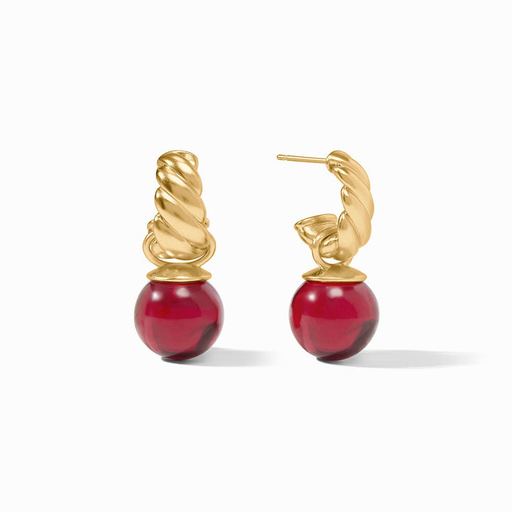 Ravello Hoop &amp; Charm Earring Cranberry gold twisted hoop with a suspended round deep red charm. Available in all sizes.