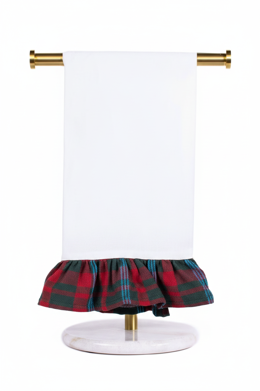 Joy Ruffle Hand Towel in white with a red and green plaid ruffled edge.