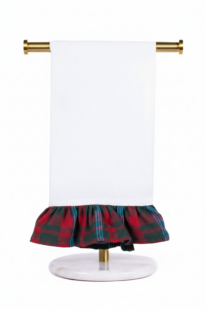 Joy Ruffle Hand Towel in white with a red and green plaid ruffled edge.