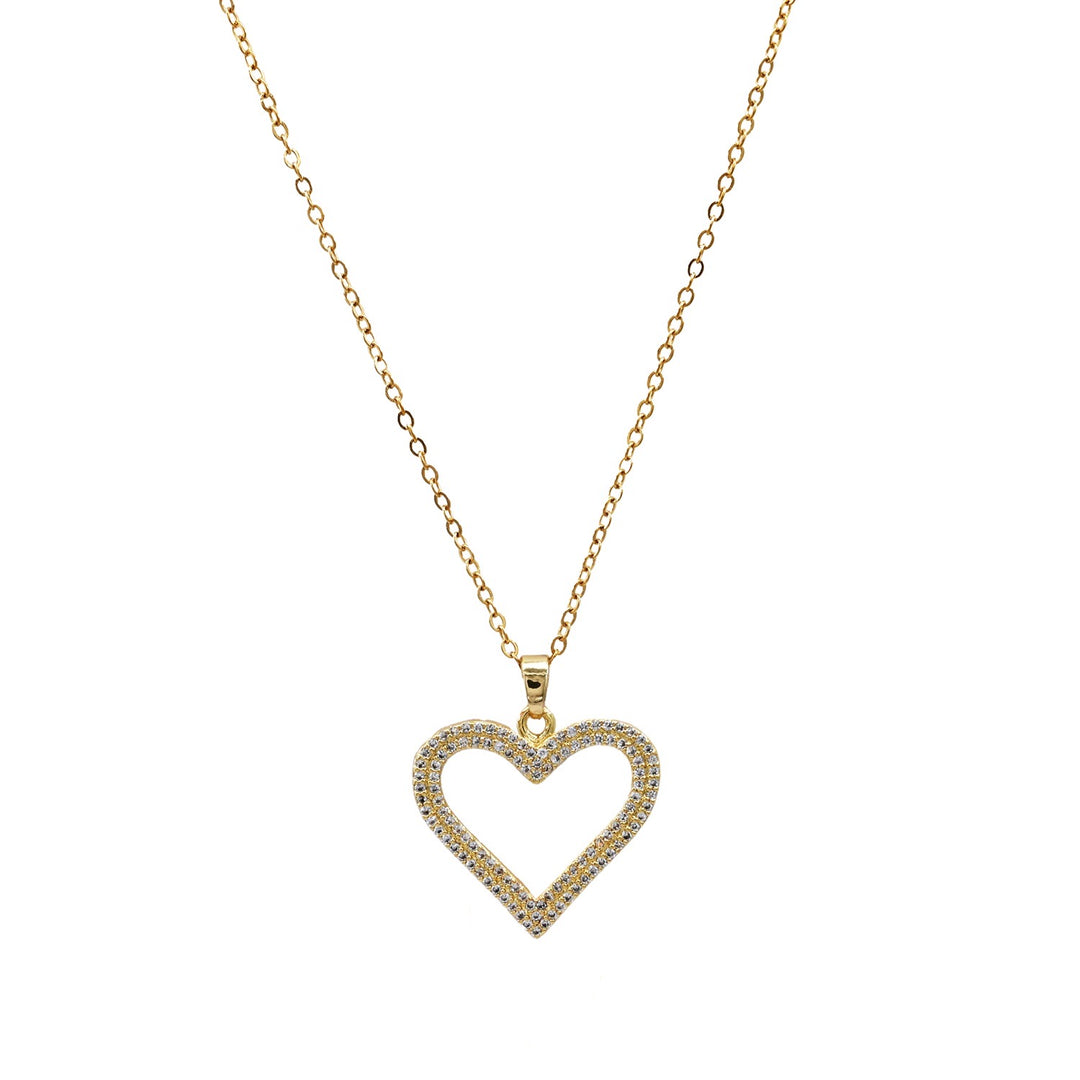 Cz Heart Pendant Stainless Steel Necklace with hollow heart and clear stones. Available in 16", 18", and 20" sizes.