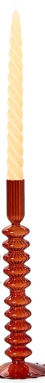 Handblown amber glass candle holder with ribbed, geometric design and wide base. Available in small and large sizes.