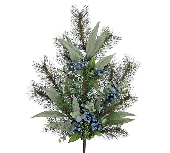24” Greenery Blueberry spray with pine needles, eucalyptus-style leaves, and blue and green berries.