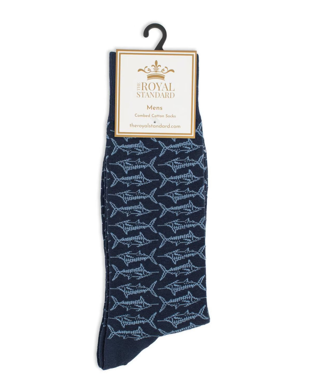 Navy blue sock with light blue shark pattern and “Men’s Big Catch Socks” tag. Available in men’s sizes 6–12.