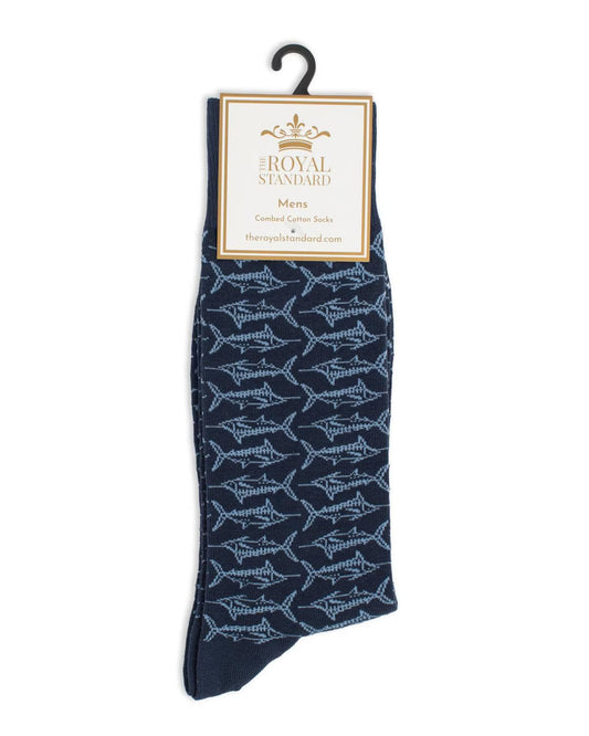 Navy blue sock with light blue shark pattern and “Men’s Big Catch Socks” tag. Available in men’s sizes 6–12.