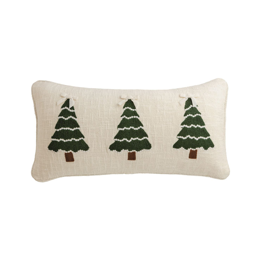White Velvet Tree lumbar pillow featuring three crewel embroidered green Christmas trees with bows.