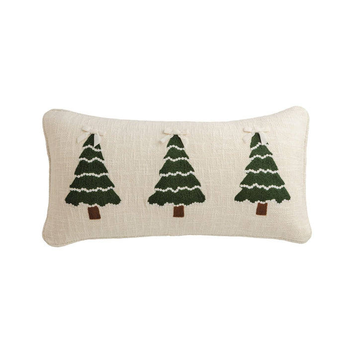 White Velvet Tree lumbar pillow featuring three crewel embroidered green Christmas trees with bows.