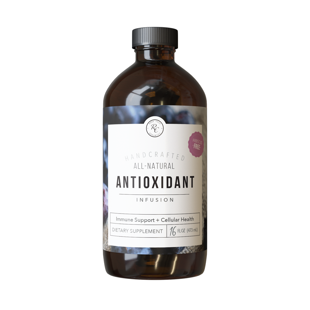 Brown bottle labeled “ANTIOXIDANT INFUSION | 16 oz: Regular” dietary supplement, promotes immune support and cellular health with liposomal glutathione and aronia berries; available in 16 oz size.