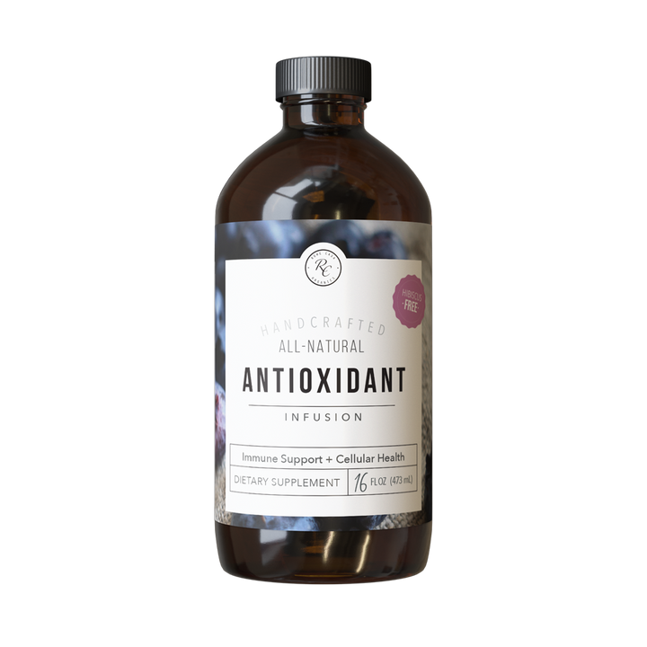 Brown bottle labeled “ANTIOXIDANT INFUSION | 16 oz: Regular” dietary supplement, promotes immune support and cellular health with liposomal glutathione and aronia berries; available in 16 oz size.