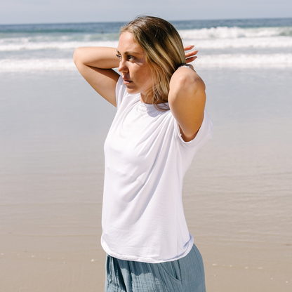 White Daily T Shirt, shown in XL. Available sizes: S, M, L, XL. Simple crew neck design.