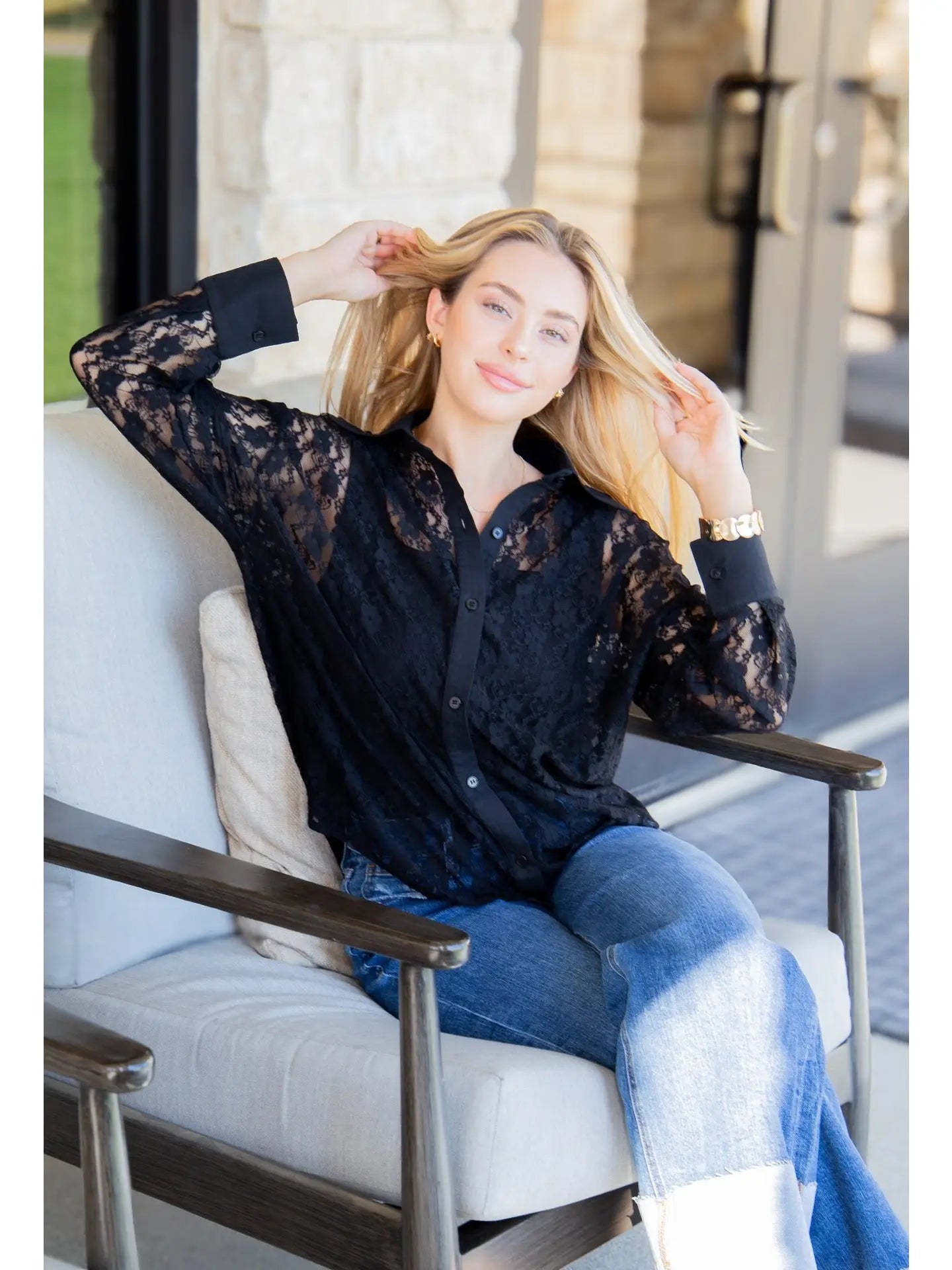 Kathryn Classic Lace Button-Up—delicate lace detail, button front. Available in sizes XS-XL.