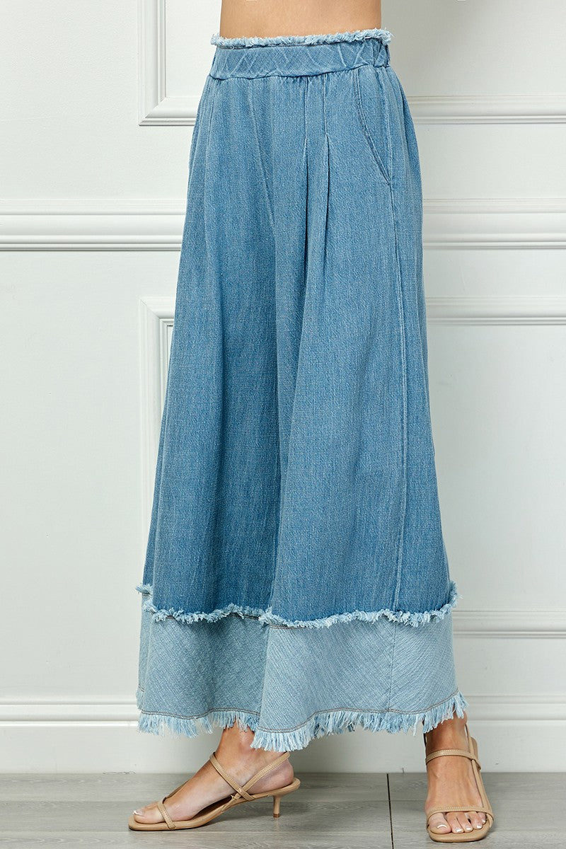 Fringe Detail Wide Denim Pants with lighter hem band. Available in sizes S, M, L, XL.