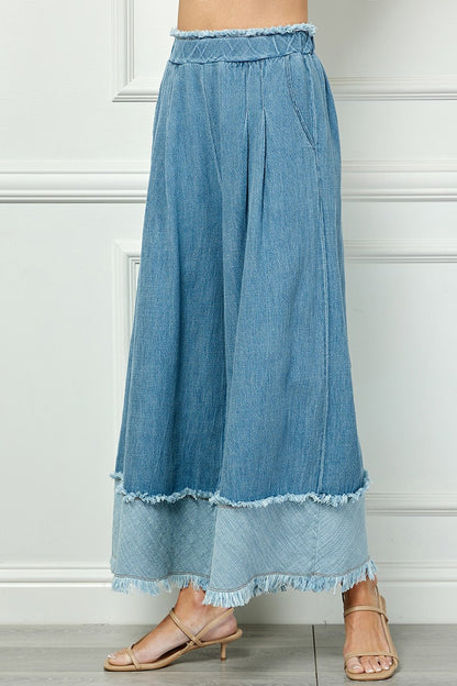 Fringe Detail Wide Denim Pants with lighter hem band. Available in sizes S, M, L, XL.