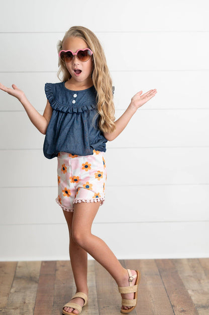 Girls Dark Jean & Retro Flower Check Wave Short Set; available in sizes 4-14.