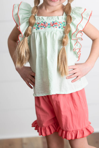 Girls Embroidered Mint Ruffle Top & Pink Short Set: mint ruffled top with floral embroidery, pink shorts. Sizes: 2T-6X.