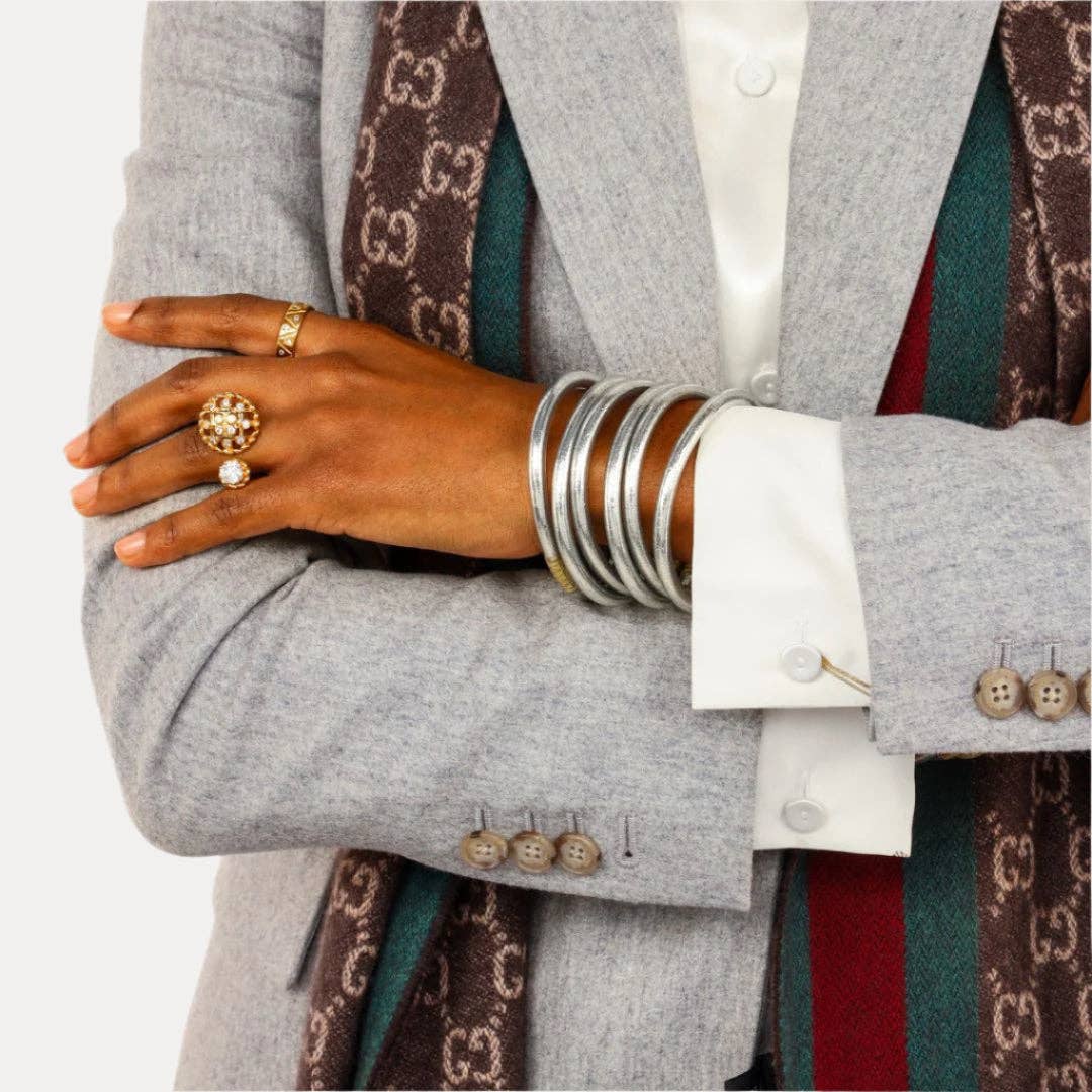Silver All Weather Bangles® Set of 6 | Serenity Prayer shown. Available in small, medium, and large sizes.
