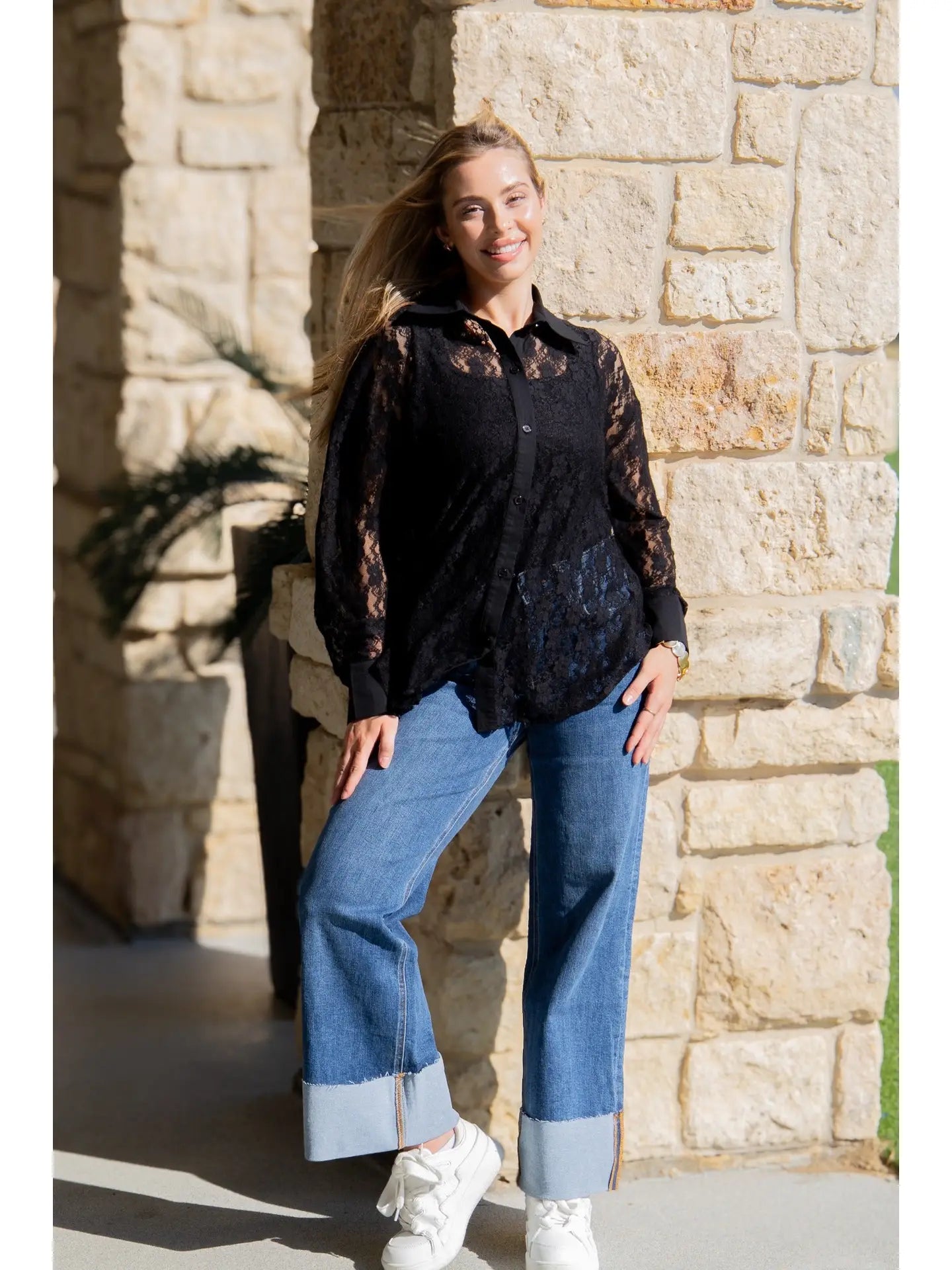 Kathryn Classic Lace Button-Up shirt. Available in sizes XS-XL.