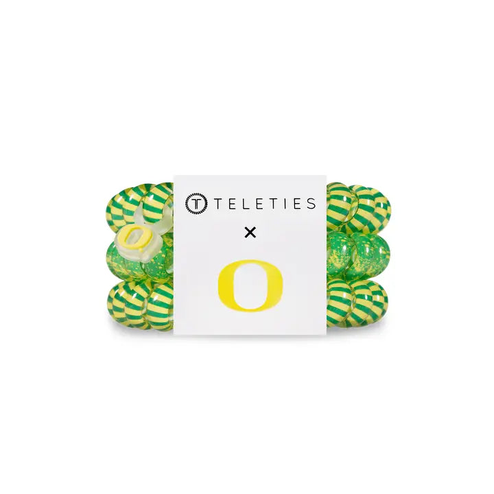 Set of three green and yellow TELETIES Hair Ties with University of Oregon "O" logo card; available in small, large sizes.