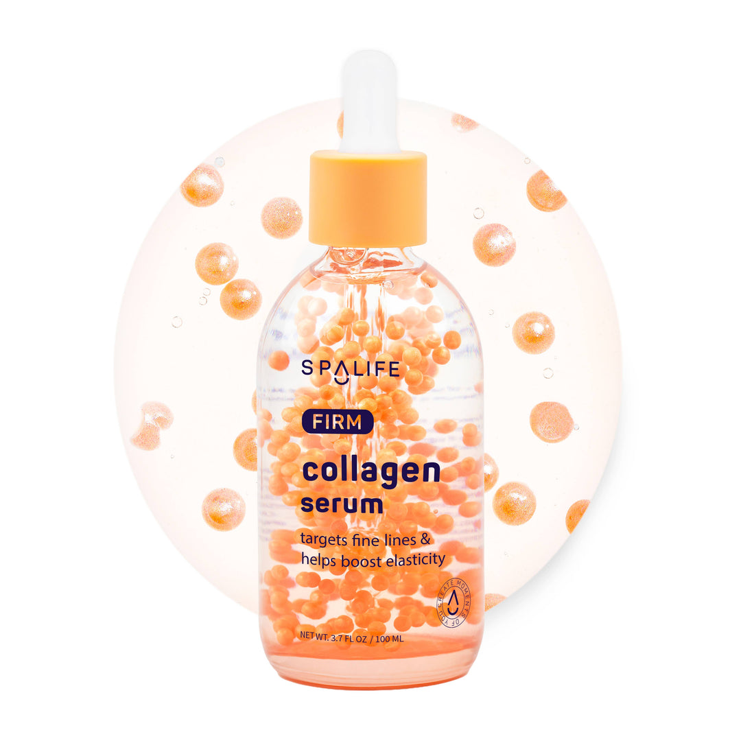 A clear bottle of Korean Collagen Firming Face Serum with an orange cap and dropper, containing orange collagen beads. Available in 30ml and 50ml sizes.
