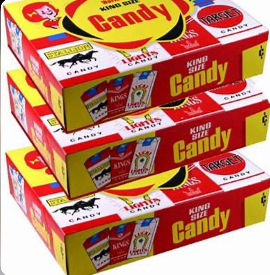 Three boxes of Nostalgic Old Fashioned Candy Cigarettes—Target, Stallion, Kings. Available in standard size.
