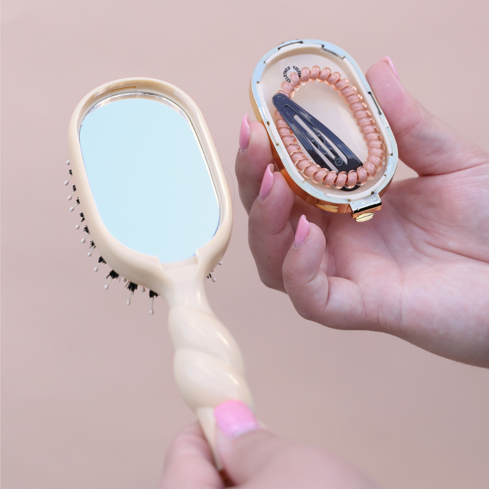 Mini Boar Brush | Tan with built-in mirror and matching tan case. Available sizes: mini.