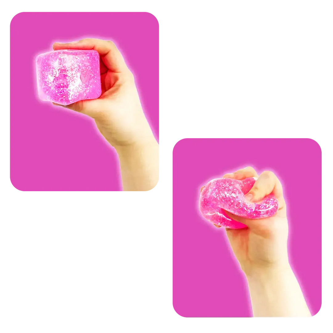 Translucent pink Fun Doh Squish &amp; Squeeze Sparkle glitter cube fidget toy, 12/display.