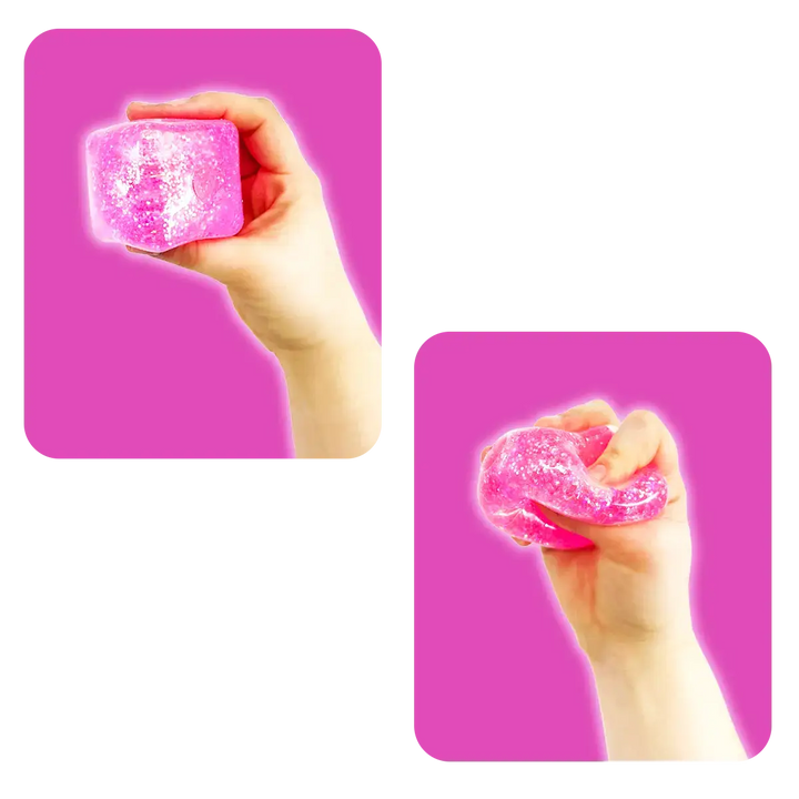 Translucent pink Fun Doh Squish &amp; Squeeze Sparkle glitter cube fidget toy, 12/display.
