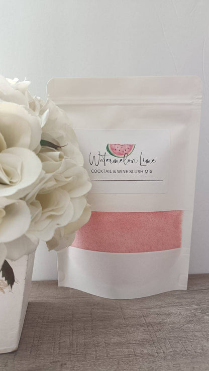 White "Watermelon Lime" pouch with pink powder, Wine & Cocktail Slush Mix Bag. Sizes: 12 oz, 24 oz.