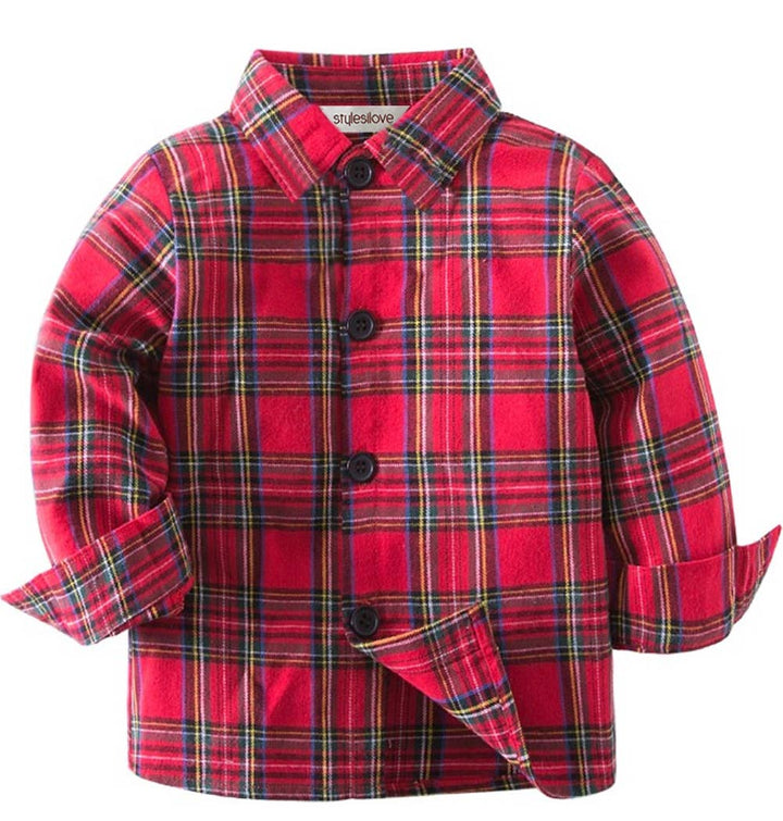 Red plaid cotton long-sleeve button-down shirt with collar and dark buttons.