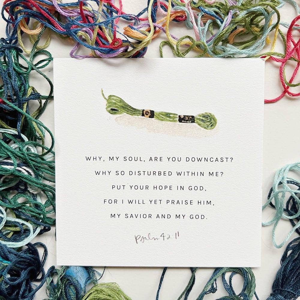 Square Bible verse card with Psalm 42:11, paired with green embroidery floss. Available sizes: 3"x3", 4"x4".