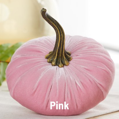 Large pink velvet pumpkin with realistic brown stem; available in large size.