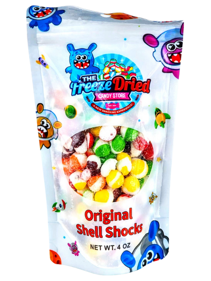 4 oz "Freeze Dried Shell Shocks: Sour Wild Berry" candy in a colorful bag with monster graphics and clear snack window.