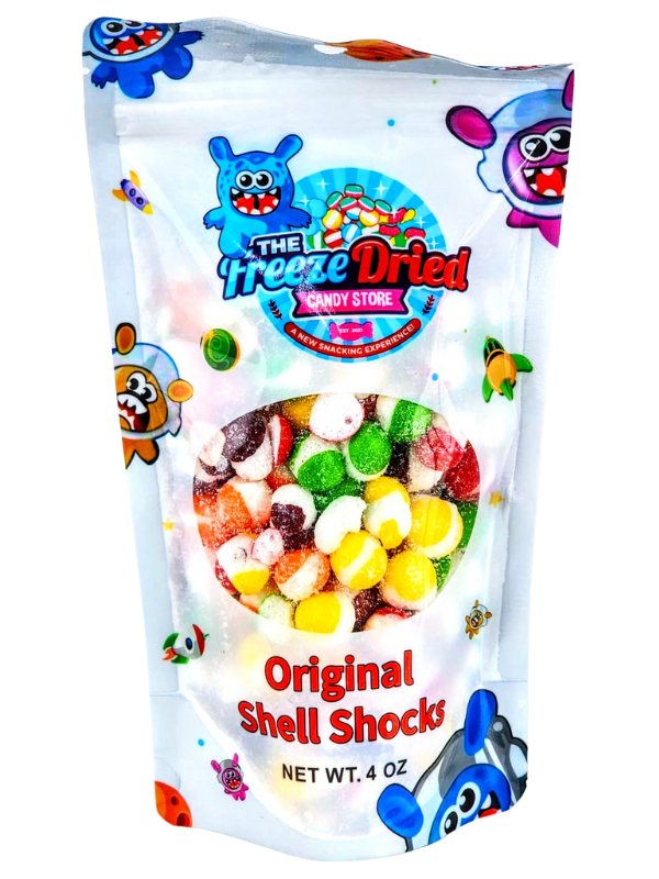 4 oz "Freeze Dried Shell Shocks: Sour Wild Berry" candy in a colorful bag with monster graphics and clear snack window.