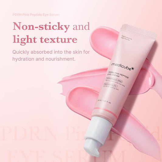 MEDICUBE PDRN Pink Peptide Eye Cream in pink tube. Non-sticky, light texture. Available in multiple sizes.