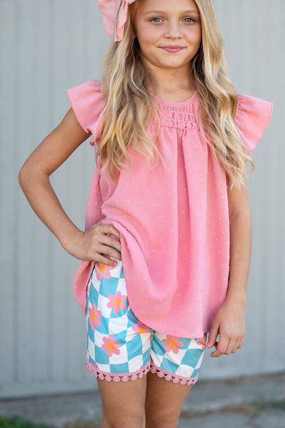 Girls Teal Check Wave Short Set with ruffled pink top. Available in sizes 2T-8.