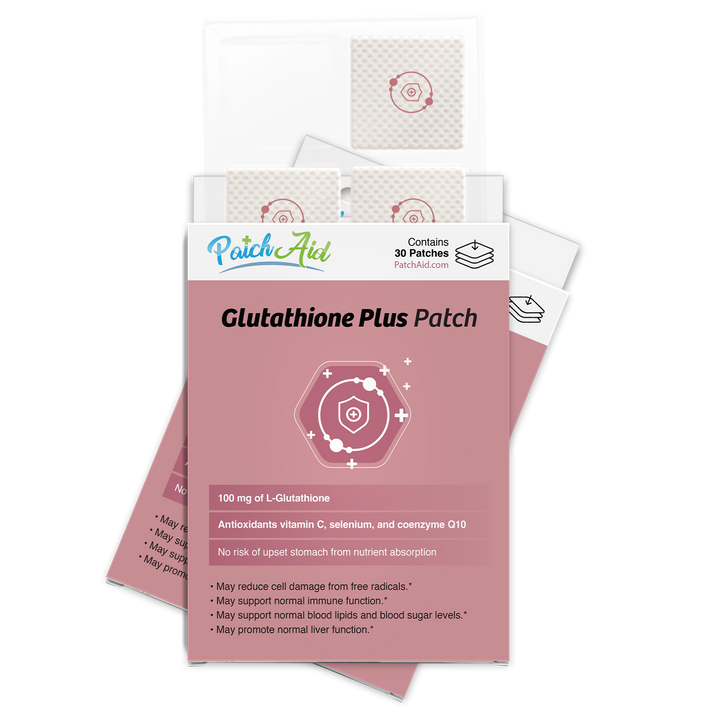 Opened pink and white box of Glutathione Plus Patch - Antioxidant &amp; Detox Support 1-Pack, showing several patches and product info. Contains L-Glutathione for antioxidant support and liver detox. Size: 1-Pack.