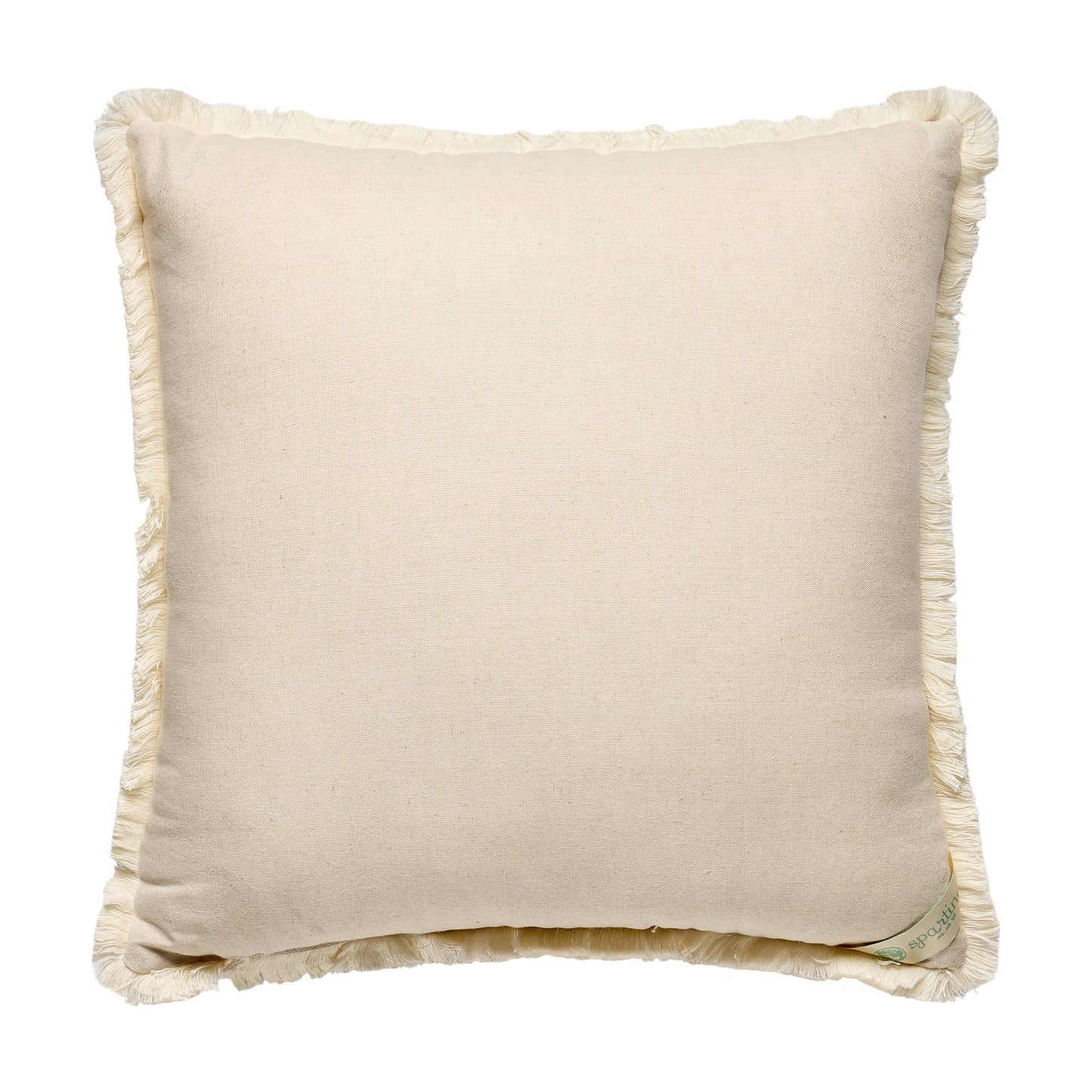 Square beige linen SUGAR MILL EMBROIDERED BOUQUET PILLOW by Spartina with fringed edges, soft textured fabric, and a small green tag at the bottom left corner. Available sizes: 18″x18″.