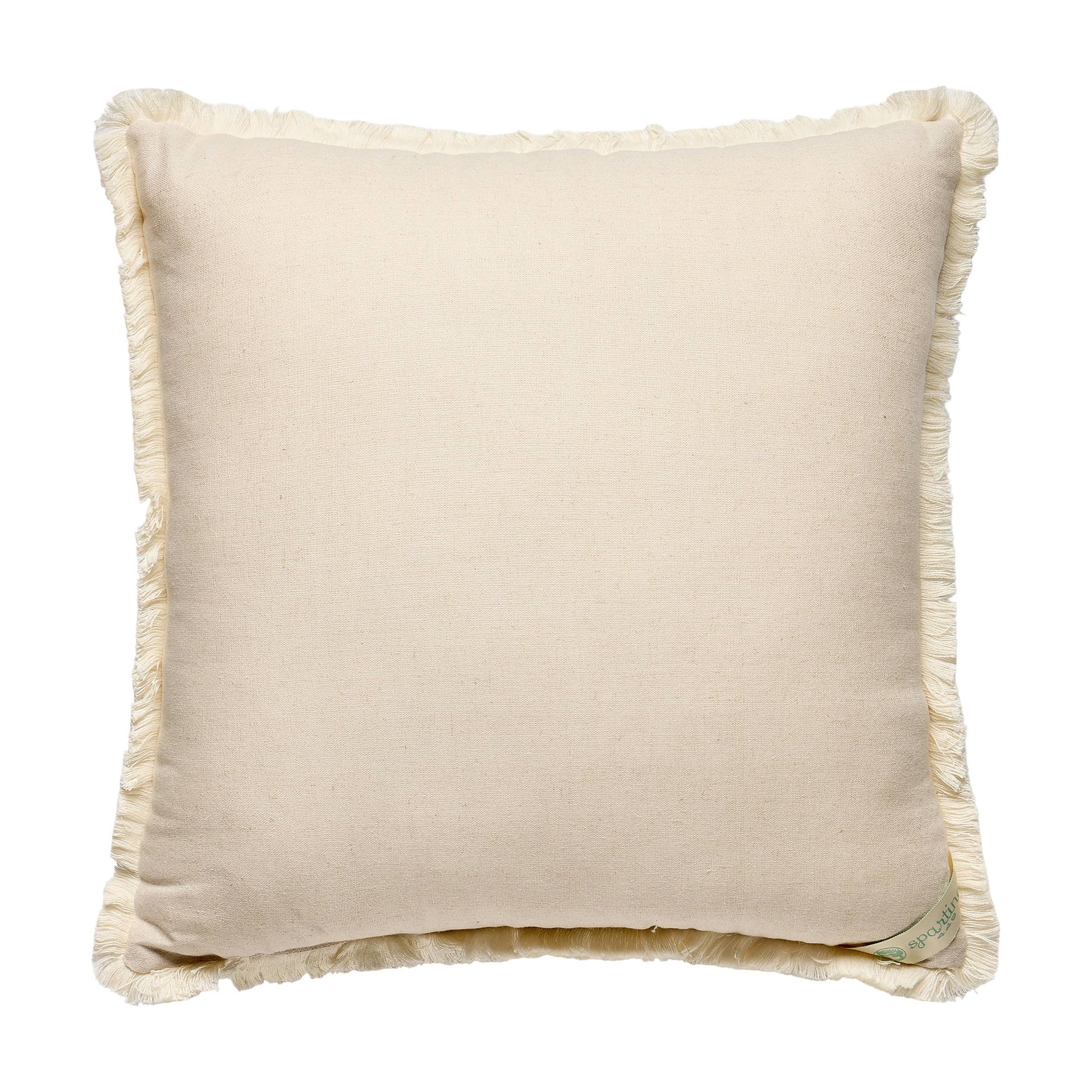 Square beige linen SUGAR MILL EMBROIDERED BOUQUET PILLOW by Spartina with fringed edges, soft textured fabric, and a small green tag at the bottom left corner. Available sizes: 18″x18″.