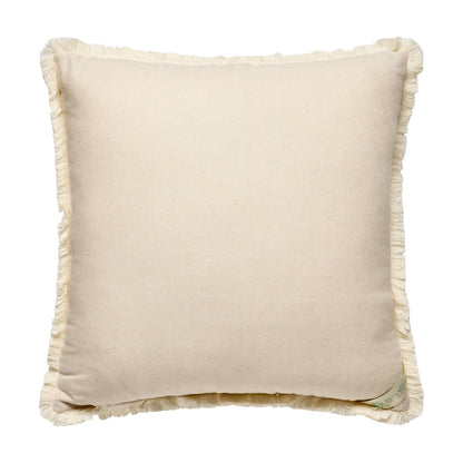 Square beige linen SUGAR MILL EMBROIDERED BOUQUET PILLOW by Spartina with fringed edges, soft textured fabric, and a small green tag at the bottom left corner. Available sizes: 18″x18″.