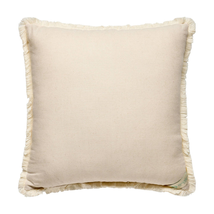 Square beige linen SUGAR MILL EMBROIDERED BOUQUET PILLOW by Spartina with fringed edges, soft textured fabric, and a small green tag at the bottom left corner. Available sizes: 18″x18″.