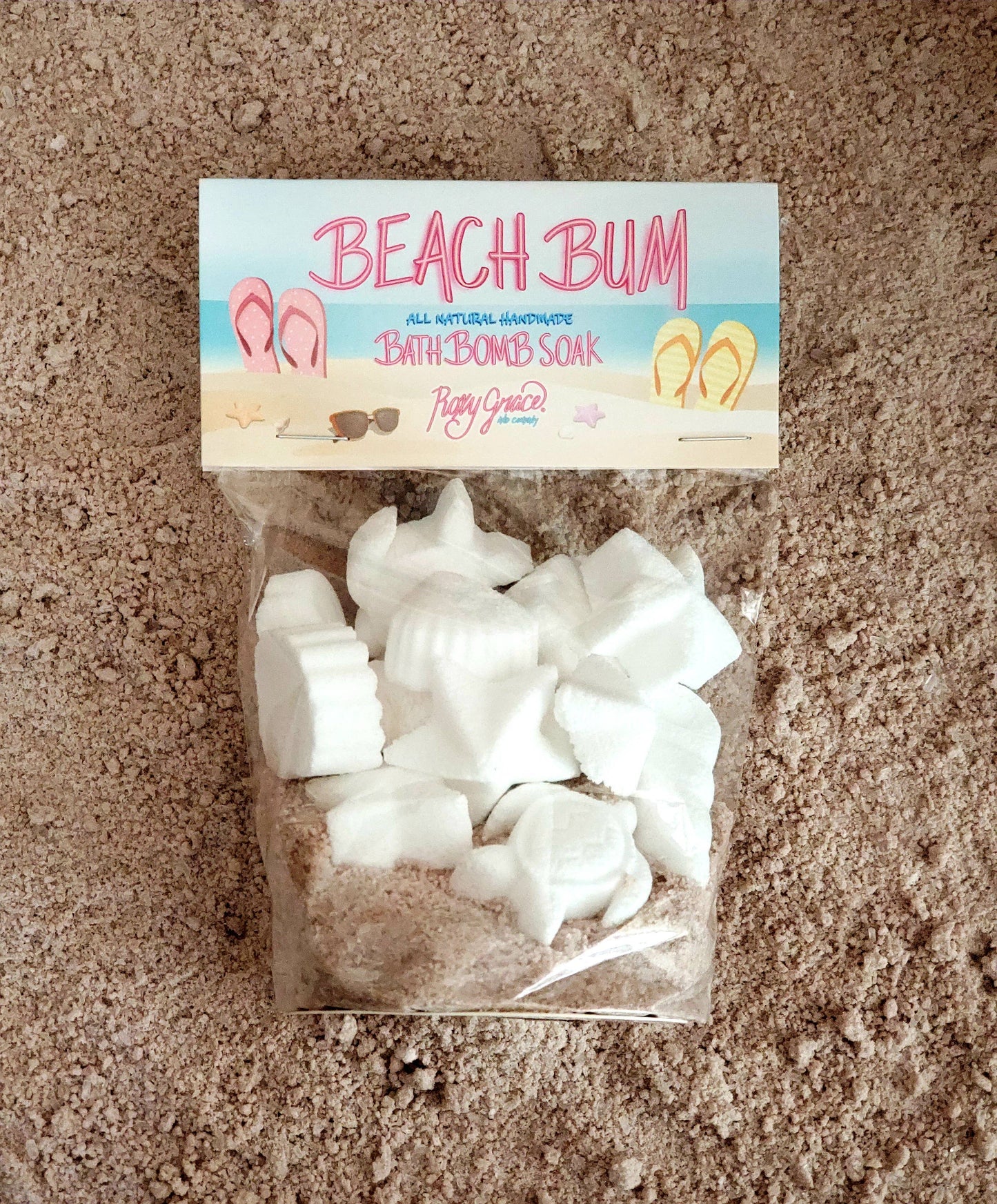 Beach Bum Bath Soak: Handmade bath soak with seashell and sea creature shapes, Caribbean coconut oil. Available in 4oz and 8oz.